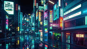 Cyberpunk Neon City Street at Night with Rain Reflections and Futuristic Skyscrapers HD wallpaper