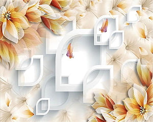 Elegant Floral Wallpaper With Orange Blossoms, White Geometric Frames, And Fluttering Butterflies HD wallpaper