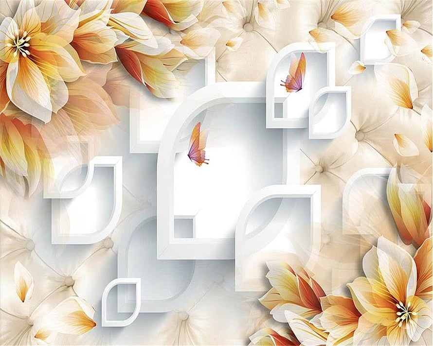 Elegant Floral Wallpaper With Orange Blossoms, White Geometric Frames, And Fluttering Butterflies HD wallpaper