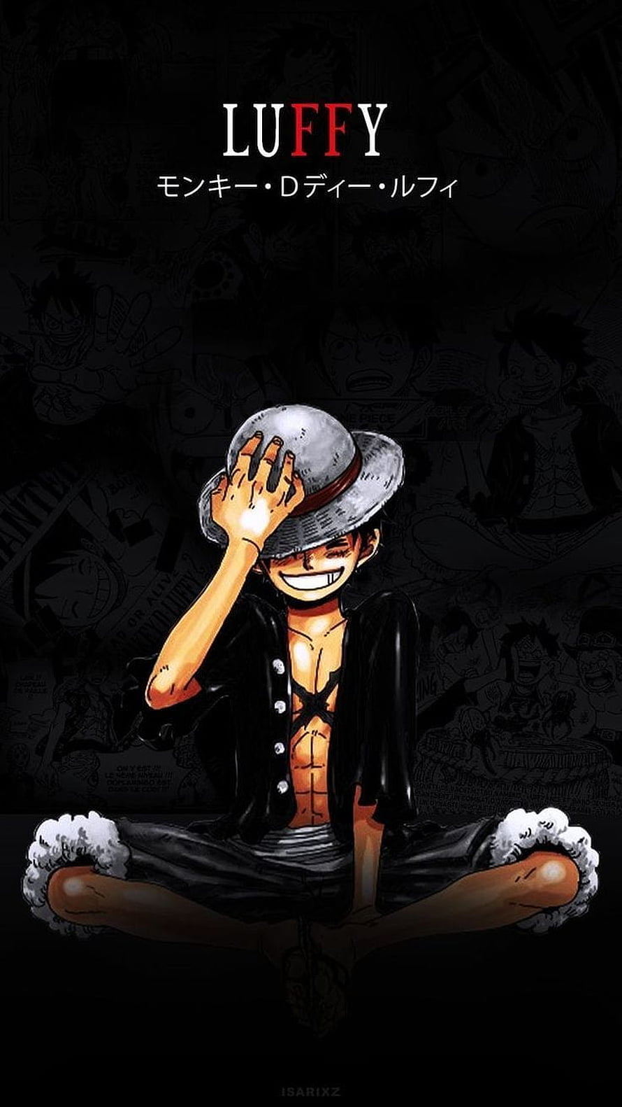 Monkey D. Luffy sitting cross-legged with straw hat, One Piece anime character wallpaper HD phone wallpaper