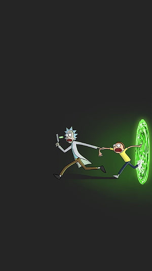 Rick and Morty Running Away From Green Portal on Dark Background HD phone wallpaper