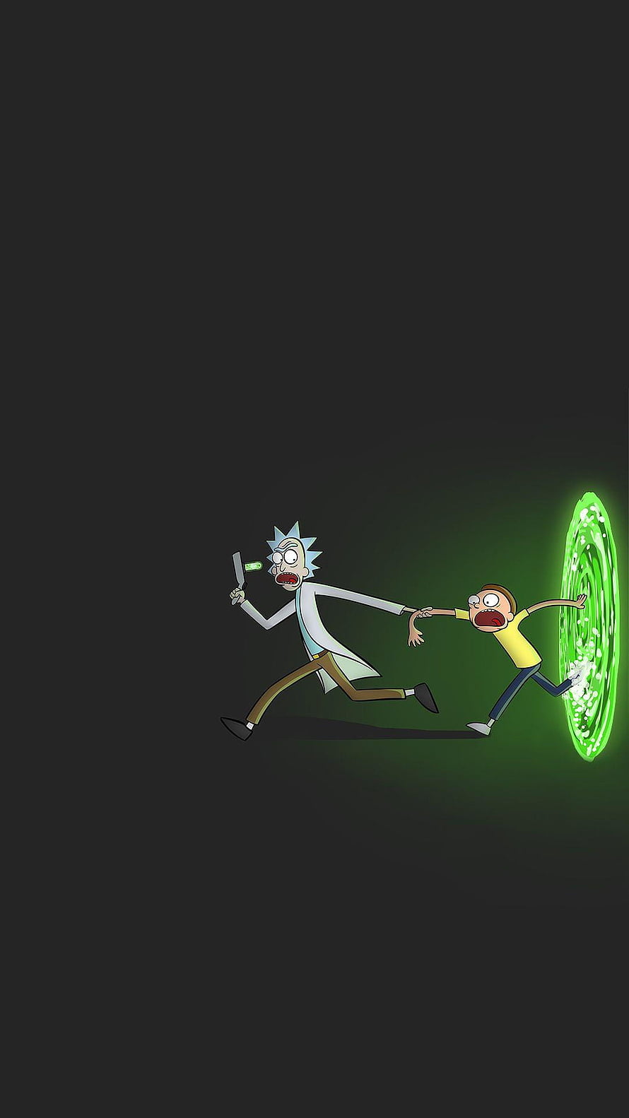 Rick and Morty Running Away From Green Portal on Dark Background HD phone wallpaper