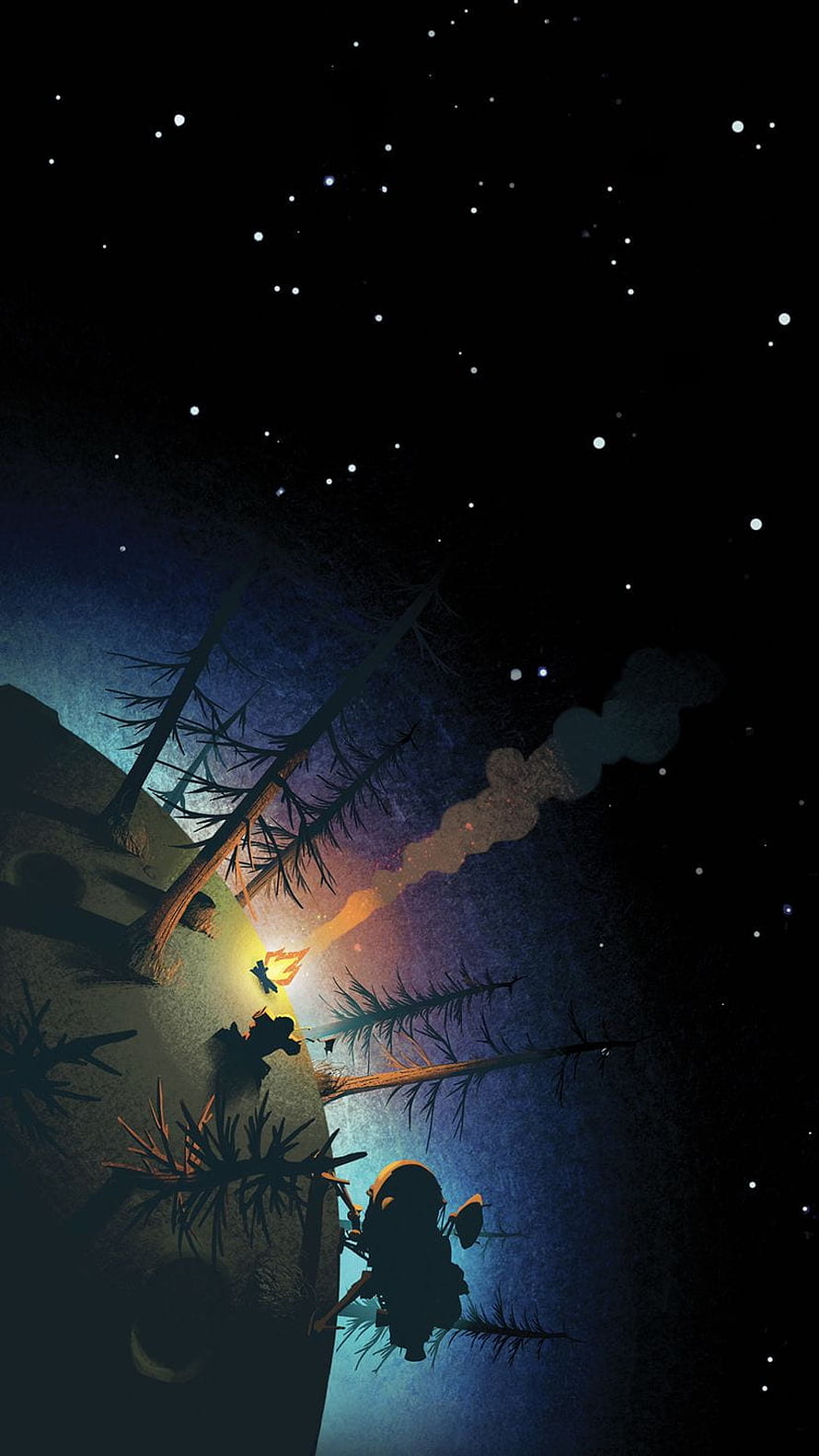 Outer Wilds Campfire Scene Under Starry Night Sky with Pine Trees and Smoke Trail HD phone wallpaper