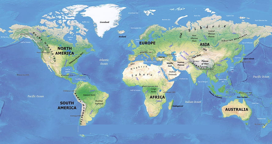 Physical World Map Showing Continents, Oceans, and Major Mountain Ranges HD wallpaper