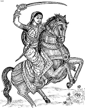 Rani Lakshmibai of Jhansi on Horseback with Sword in Traditional Indian Illustration HD phone wallpaper