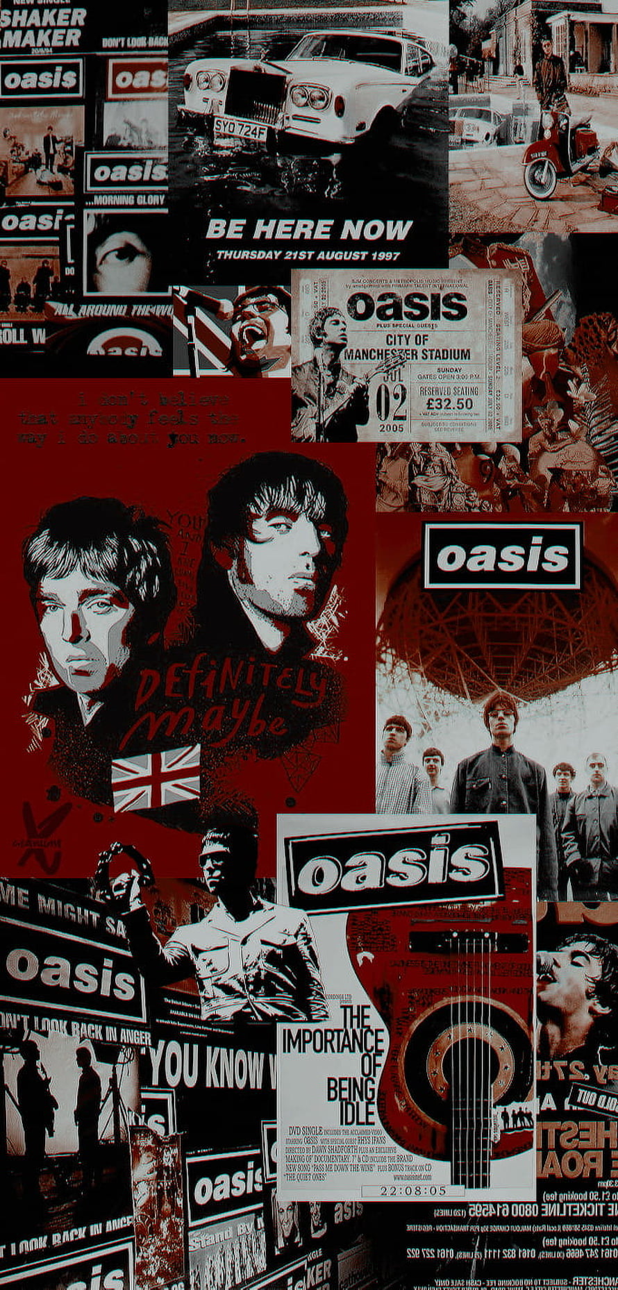 Oasis band collage featuring album covers, concert posters, and iconic imagery in a retro grunge style HD phone wallpaper