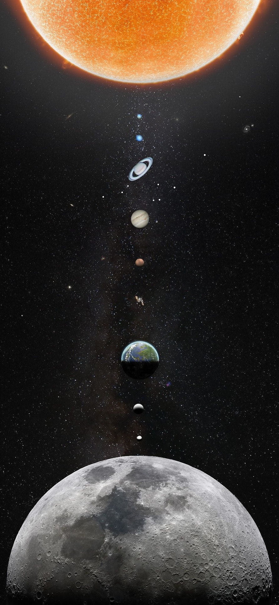 Solar System Portrait: Sun, Planets, and Moon Aligned in Deep Space HD phone wallpaper