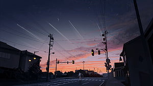 Anime-Style Japanese Street at Dusk with Meteor Trails and a Lone Figure HD wallpaper