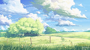 Serene Anime Countryside Landscape with Lush Green Pastures and Fluffy Clouds HD wallpaper