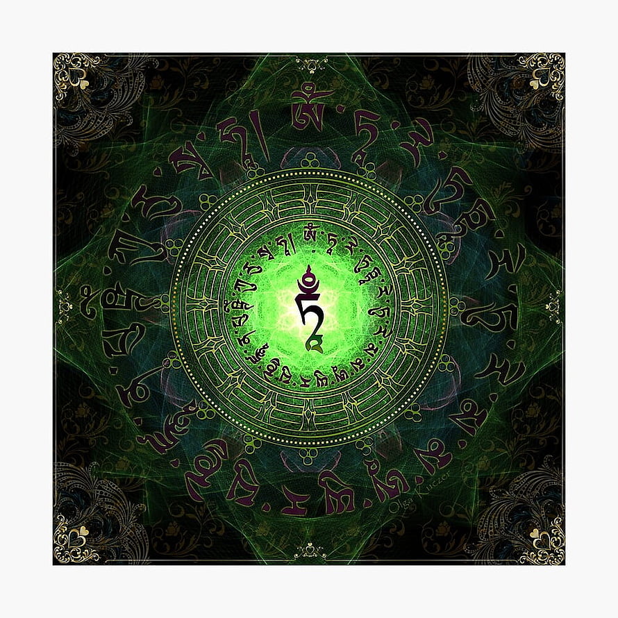 Green Tara Mantra Mandala with Tibetan Script and Ornate Floral Border HD phone wallpaper