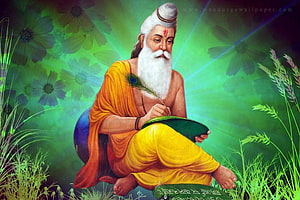 Valmiki Rishi Writing the Ramayana on a Lotus Leaf in a Serene Green Forest HD wallpaper