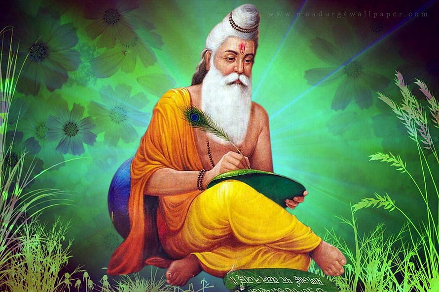 Valmiki Rishi Writing the Ramayana on a Lotus Leaf in a Serene Green Forest HD wallpaper