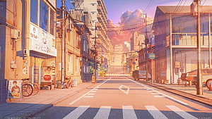 Sunlit Japanese Street Scene With Convenience Store And Vintage Cars HD wallpaper