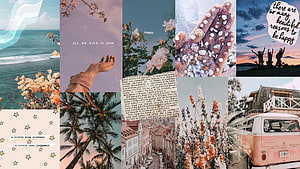 Vintage Aesthetic Collage With Ocean Views, Palm Trees, Flowers, And Inspirational Quotes HD wallpaper