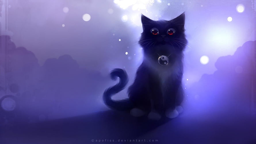 Mystical Black Cat with Red Eyes and Yin Yang Pendant in Ethereal Purple Mist HD wallpaper