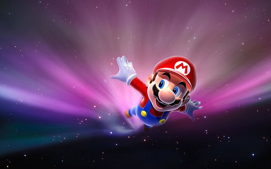 Mario Flying Through a Vibrant Purple Galaxy with Radiant Light Beams HD wallpaper