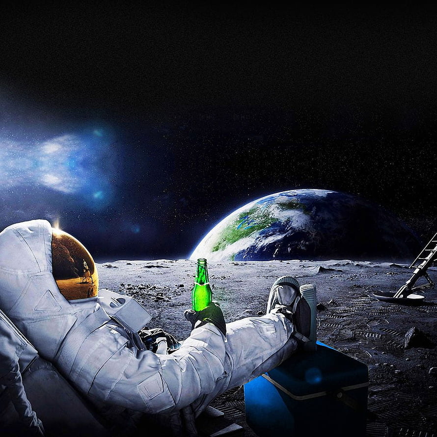 Astronaut Relaxing on the Moon with a Beer Bottle and Earth in the Background HD phone wallpaper
