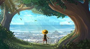 Monkey D Luffy Gazing at a Distant City Through a Forest Archway HD wallpaper