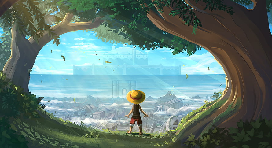 Monkey D Luffy Gazing at a Distant City Through a Forest Archway HD wallpaper
