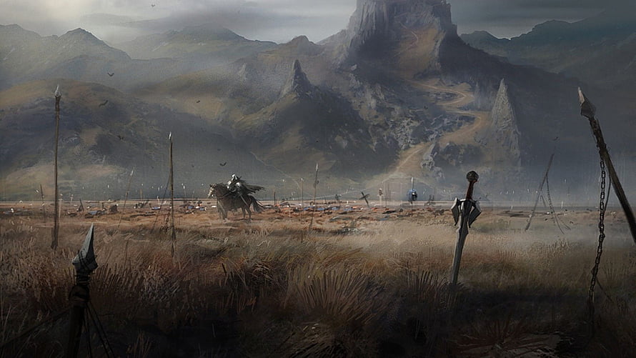 Epic Fantasy Battlefield with Lone Rider and Ancient Weapons in Misty Mountains HD wallpaper