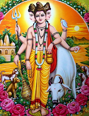 Lord Shiva with Nandi Bull, Trishul, and Sacred Dogs in Vibrant Temple Art HD phone wallpaper