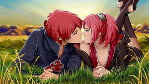 Naruto Anime Couple Sharing a Tender Moment in a Golden Grass Field HD wallpaper