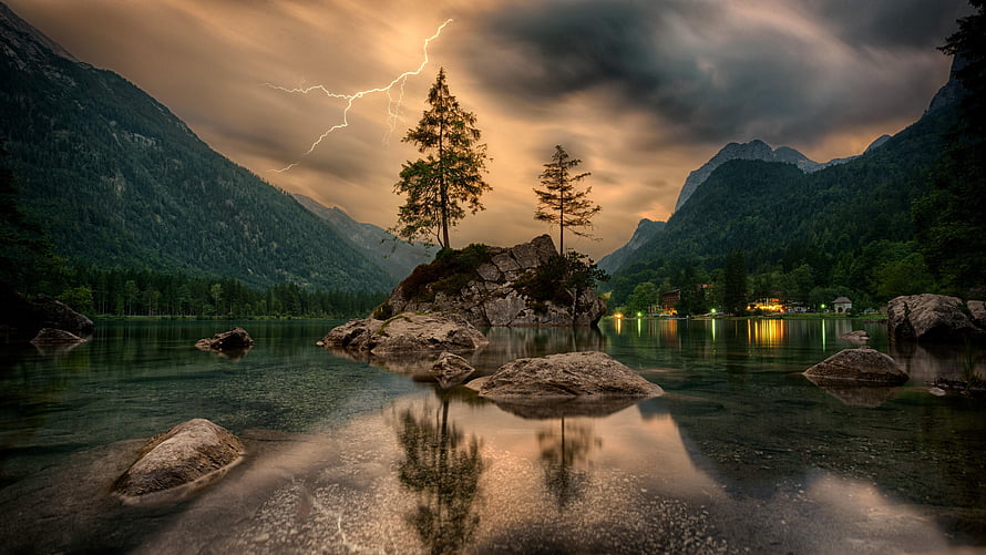 Dramatic Lightning Storm Over Mountain Lake With Rocky Island And Reflections HD wallpaper