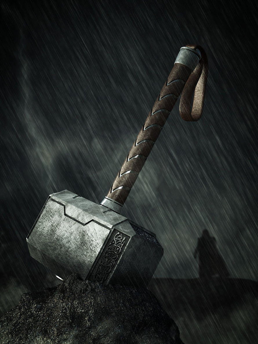 Mjolnir Thor's Hammer Stuck in Rock Amidst Stormy Rain Background HD phone wallpaper