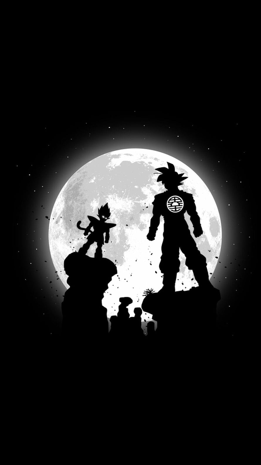 Dragon Ball Z Silhouettes Standing on Rocks Against a Full Moon in Black and White HD phone wallpaper