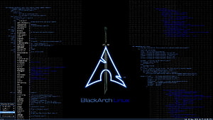 BlackArch Linux Terminal Interface with Glowing Logo and Code Background HD wallpaper
