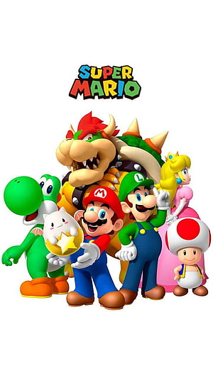 Super Mario Bros Character Group With Mario, Luigi, Peach, Yoshi, Bowser, Toad, and Cat Mario HD phone wallpaper