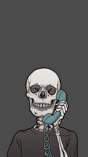 Skeleton holding a teal telephone receiver in a dark cartoon illustration HD phone wallpaper