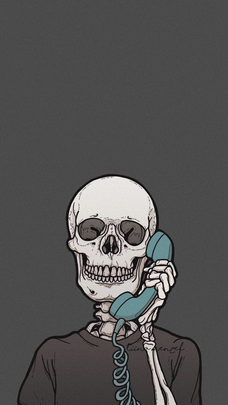 Skeleton holding a teal telephone receiver in a dark cartoon illustration HD phone wallpaper