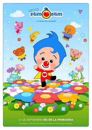 Plim Plim Cartoon Character Jumping on Colorful Flowers with Animal Friends in Spring Garden HD phone wallpaper