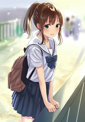 Anime Girl in School Uniform with Backpack on a Sunny Day HD phone wallpaper