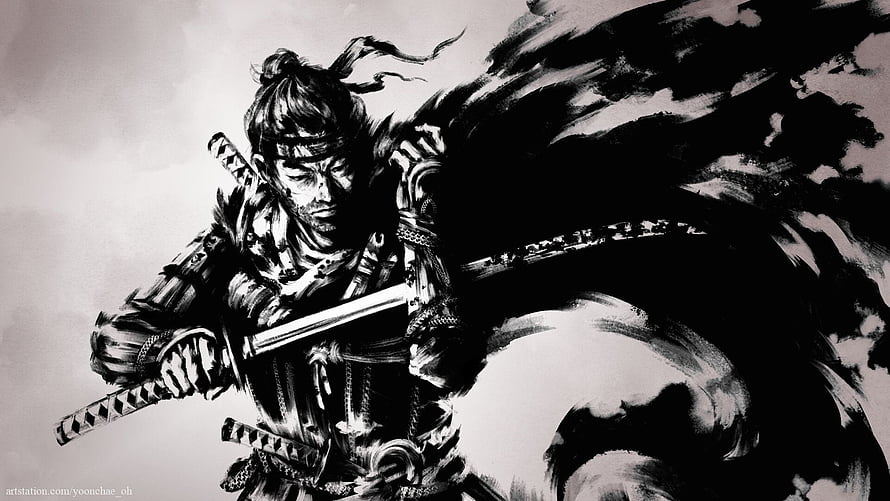 Ghost of Tsushima Jin Sakai Samurai Ink Wash Digital Artwork HD wallpaper
