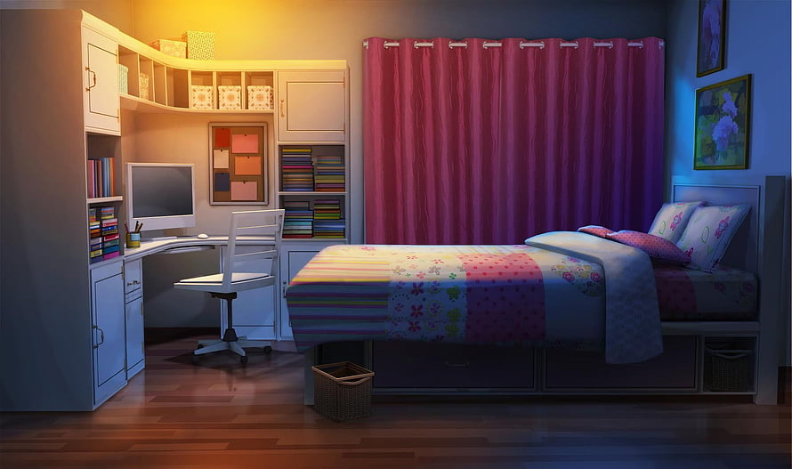 Cozy Gacha Life Bedroom Interior with Desk and Bed HD wallpaper