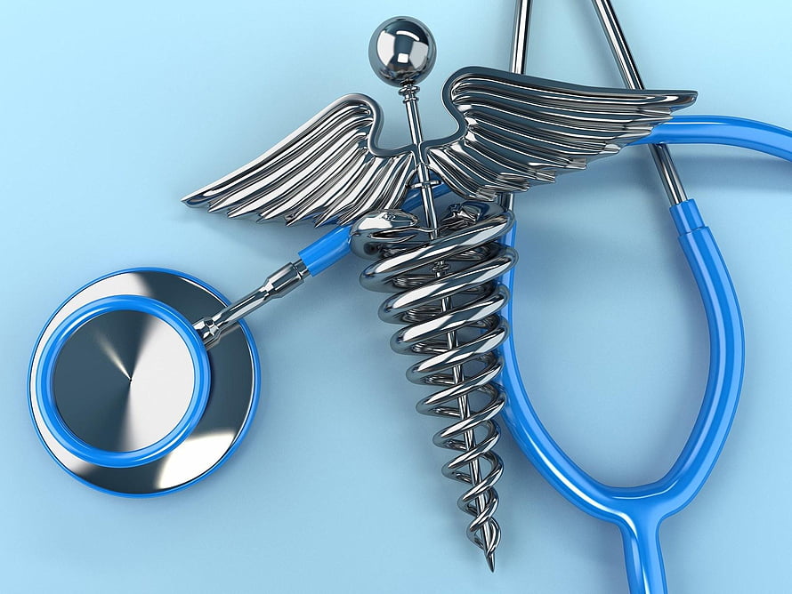 3D Rendered Caduceus Symbol with Blue Stethoscope on Light Blue Background HD wallpaper