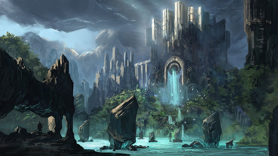 Mystical Dark Fantasy Castle Rising from Turquoise Waters Under Stormy Skies HD wallpaper