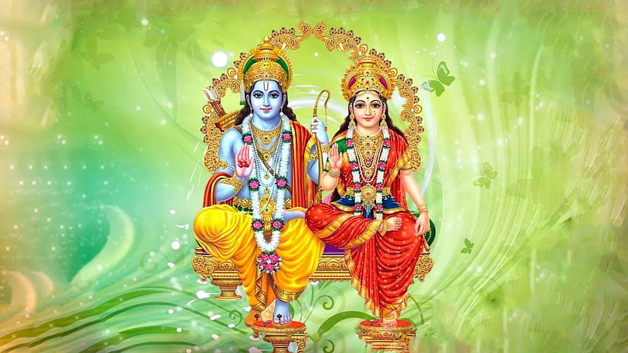 Ram and Sita Seated on Ornate Throne with Floral Garlands and Golden Halos HD wallpaper