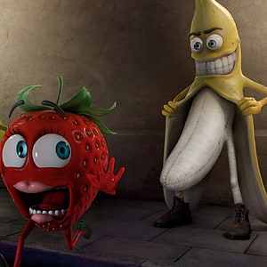 Sausage Party Characters Strawberry and Banana Animated Movie Scene HD phone wallpaper