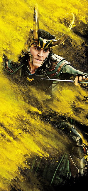 Loki God of Mischief in Green Armor with Golden Horned Helmet and Dagger HD phone wallpaper