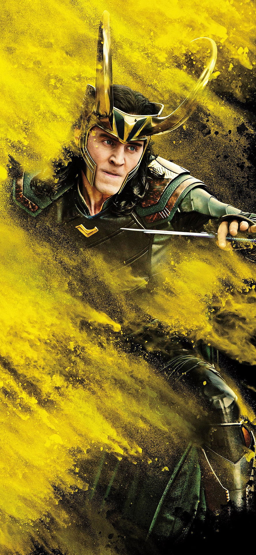Loki God of Mischief in Green Armor with Golden Horned Helmet and Dagger HD phone wallpaper