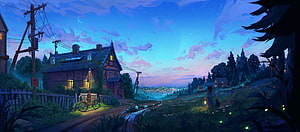 Cozy Countryside Cottage at Dusk with Glowing Windows and Starry Sky HD wallpaper