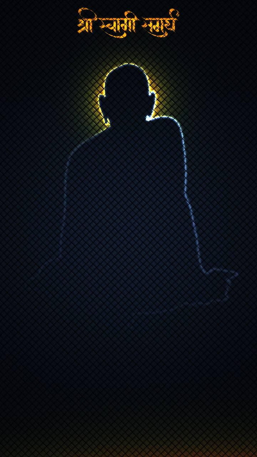 Shri Swami Samarth silhouette meditation wallpaper with golden halo and dark background HD phone wallpaper