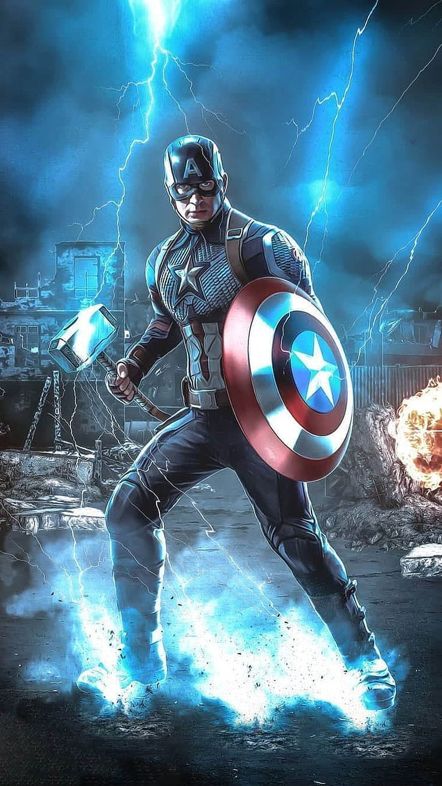 Captain America Wielding Mjolnir with Lightning and Shield in Epic Battle Scene HD phone wallpaper