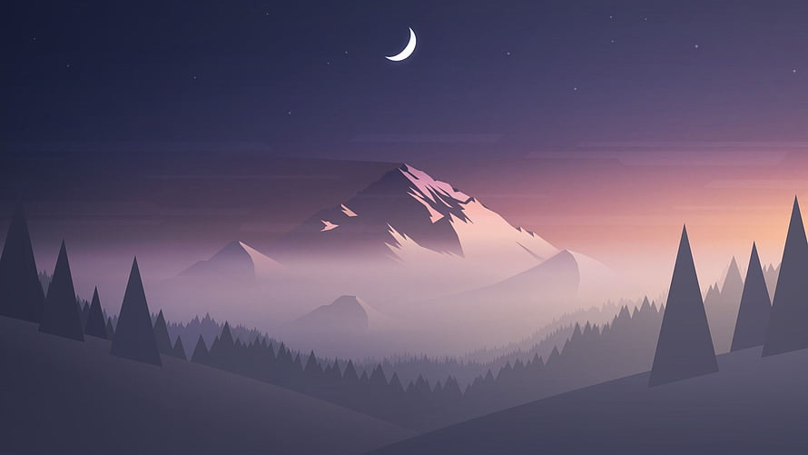 Minimalist Vector Illustration of Snowy Mountain Peak at Twilight with Pine Forest HD wallpaper