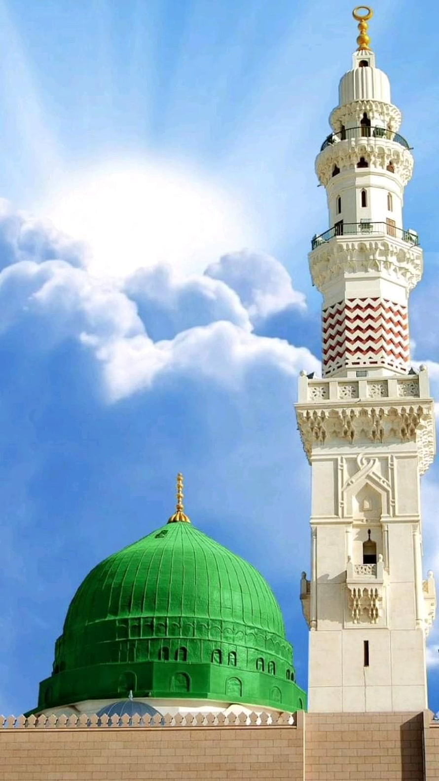Prophet's Mosque in Medina with Green Dome and Minaret Under Blue Sky HD phone wallpaper