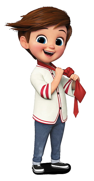 Tim from Boss Baby 2 in white and red uniform adjusting his red neckerchief HD phone wallpaper