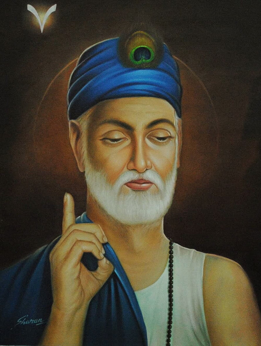 Portrait of Guru Nanak Dev Ji with Blue Turban and Peacock Feather HD phone wallpaper